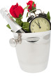 Sektkübel mit Uhr und Rosen