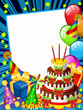 Happy birhday card with a chocolate cake and funny hats(blue)