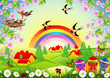Easter background with chocolate eggs, birds and a rainbow