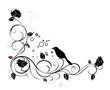 coin floral roses noires et oiseau