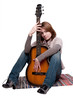 portrait of young woman with guitar over white