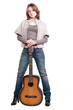 portrait of young woman with guitar over white