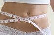 A young woman measuring her waist.