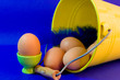 egg in green eggcup  isolated on blue. easter