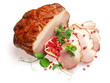 Cold boiled pork decorated with pomegranate and green pea Cold boiled pork decorated with pomegranate and green pea