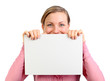 Foto: young female showing a white card young female showing a white card