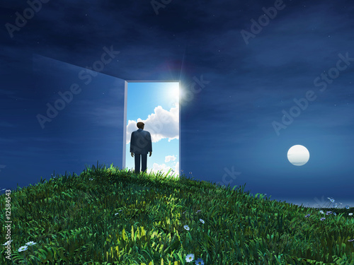 man before open door to heaven