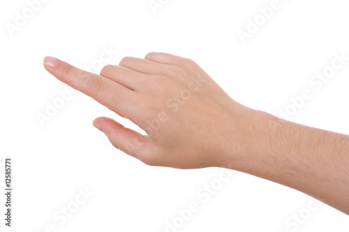 Hand pointing isolated on white. Caucasian female.