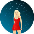 Dancing blond women in red dress