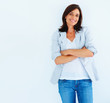 Cute woman with her hands folded isolated