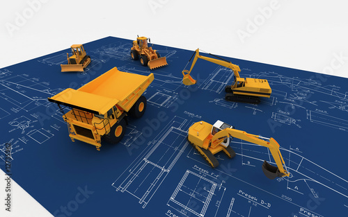 Illustration: Yellow Loader and Dump and blue sketch Yellow Loader and Dump and blue sketch