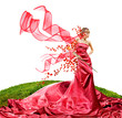 Beautiful girl in a long red dress holds exotic flower in a hand Beautiful girl in a long red dress holds exotic flower in a hand