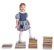 girl  walking from stairs of book piles