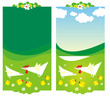 Two backgrounds with hen and chickens. Vector illustration. Two backgrounds with hen and chickens. Vector illustration.