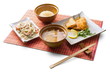 Asian business lunch with rice, miso soup, tempura, pork Asian business lunch with rice, miso soup, tempura, pork