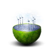 Green planet with ocean of water inside with windmills