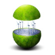 Green planet with ocean of water inside with windmills