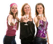 Three girls celebrating. Isolated in white