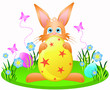 Illustration: Little rabbit carrying a yellow Easter egg Little rabbit carrying a yellow Easter egg