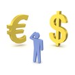 Golden dollar, euro and thinking person.