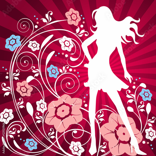 Beautiful girl with pink and blue flowers