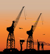 Vector: Silhouette of harbour workers and port cranes at sunset sky Silhouette of harbour workers and port cranes at sunset sky
