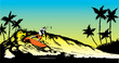 Retro style beach scene with long board surfer illustration