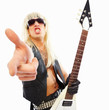 Rockstar holding an electric guitar while gesturing on white