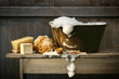 Old wash tub with soap on bench Old wash tub with soap on bench