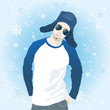 Illustration of young man in winter clothes with snowflakes