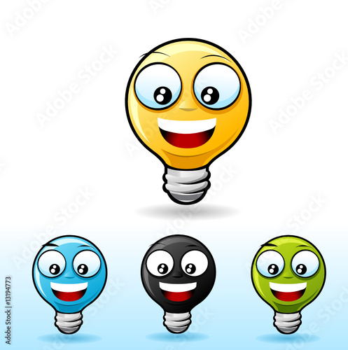 funny smiley face cartoon. Light bulb smiley face icon.