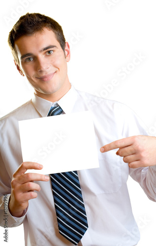 Photo: Young businessman with blank sign, isolated on white Young businessman with blank sign, isolated on white