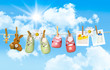 Baby shoes, pacifier and teddy bear on clothesline