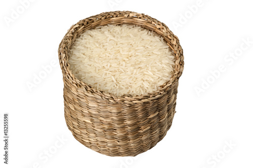 Photo: Basket of rice isolated on white background Basket of rice isolated on white background