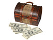 dollars and old chest, isolated on white background