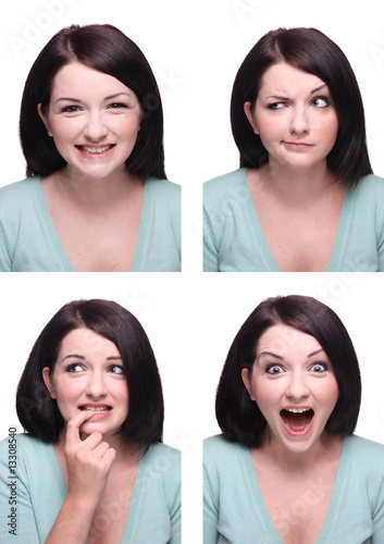 Beautiful brunette Passport photo style range of expressions.