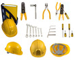 Instruments and helmets on a white background