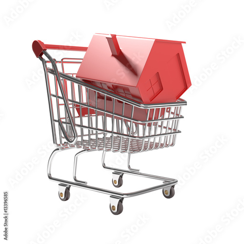 Illustration: isolated shopping cart with red icon house isolated shopping cart with red icon house