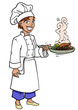 Smiling woman chef frying and tossing food with a frying pan.