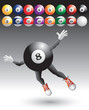 Billiard balls with flying eight ball cartoon character