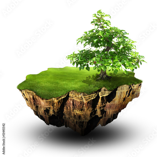 Illustration: Flying island with green tree Flying island with green tree