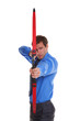 Businessman bow and arrow aiming at camera