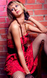 Beauty girl sitting near the brick wall