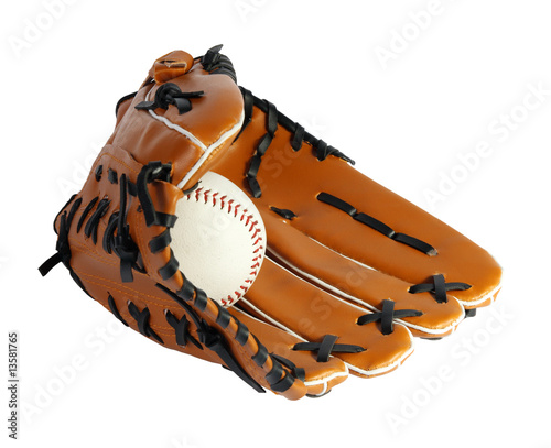 Photo: Brown baseball glove and white ball on a white background Brown baseball glove and white ball on a white background