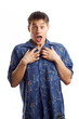 Surprised guy in the blue shirt standing Surprised guy in the blue shirt standing