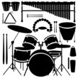 Drums, cymbals, and percussion instruments in vector silhouette