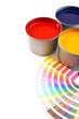 Printing press inks, cyan, magenta, yellow with color swatches Printing press inks, cyan, magenta, yellow with color swatches