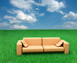 sofa on grass and cloudy sky