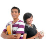 Happy asian student holding book smiling on white background