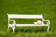 White bench in green meadow